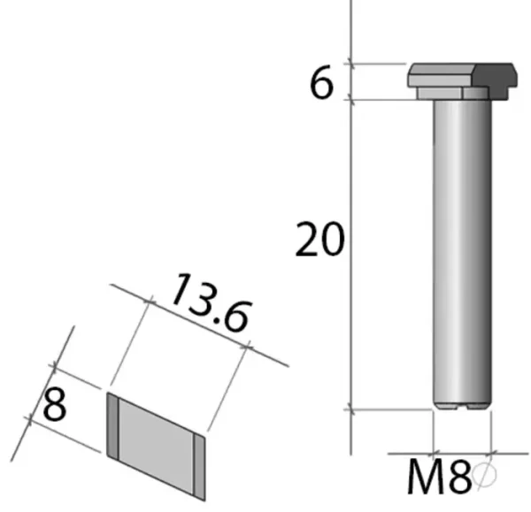 plan Vis à tête marteau M8 x 20 mm pour profilé aluminium