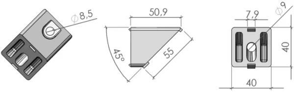 plan Angle 45° pour gousset - profilé aluminium 40x40