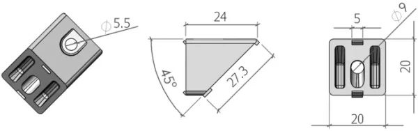 plan Angle 45° pour gousset - profilé aluminium 20x20