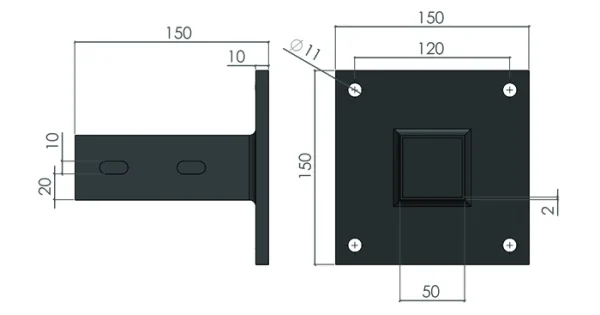 plan de l'Embase de fixation 45x45 pour profilé aluminium