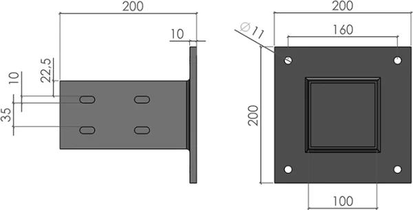 plan de l'Embase de fixation 90x90 pour profilé aluminium