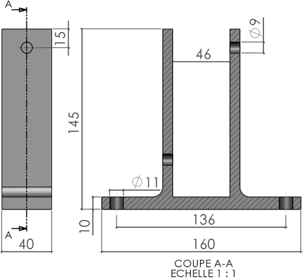 plan de la Patte de fixation double au sol pour profilé aluminium 45x45