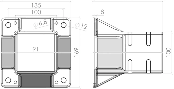plan de l'Embase 90x90 pour profilé aluminium