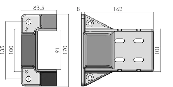 plan de la Demi embase 90x90 pour profilé aluminium