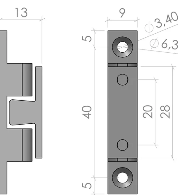 plan du Verrou à billes 50 pour profilé aluminium