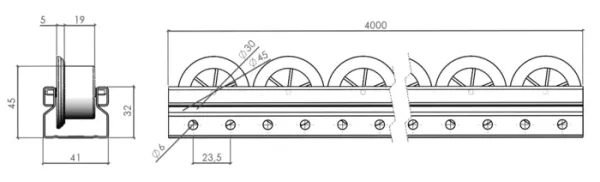 plan du Rail à Galets Noirs Antistatique Ø33 mm avec Flasques