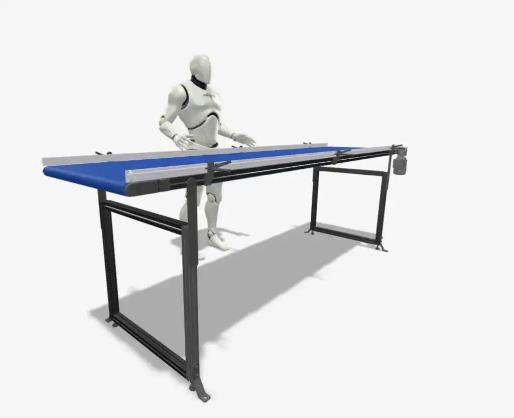 Vue 3D du configurateur Arcane avec mannequin humain à l'échelle pour vérification ergonomique du convoyeur