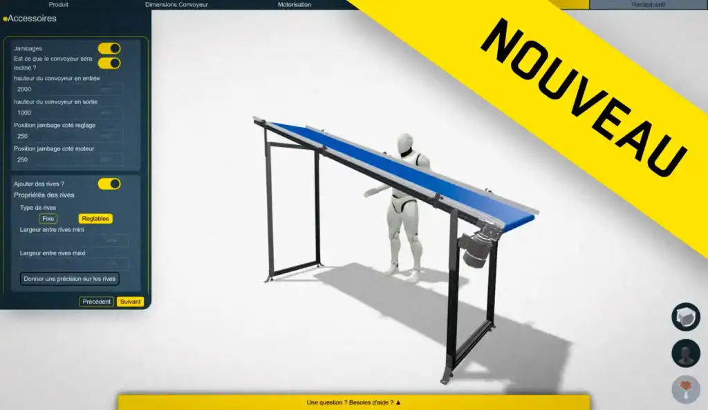 Capture d'écran du nouveau configurateur 3D de convoyeurs à bande Arcane avec interface de configuration et vue 3D
