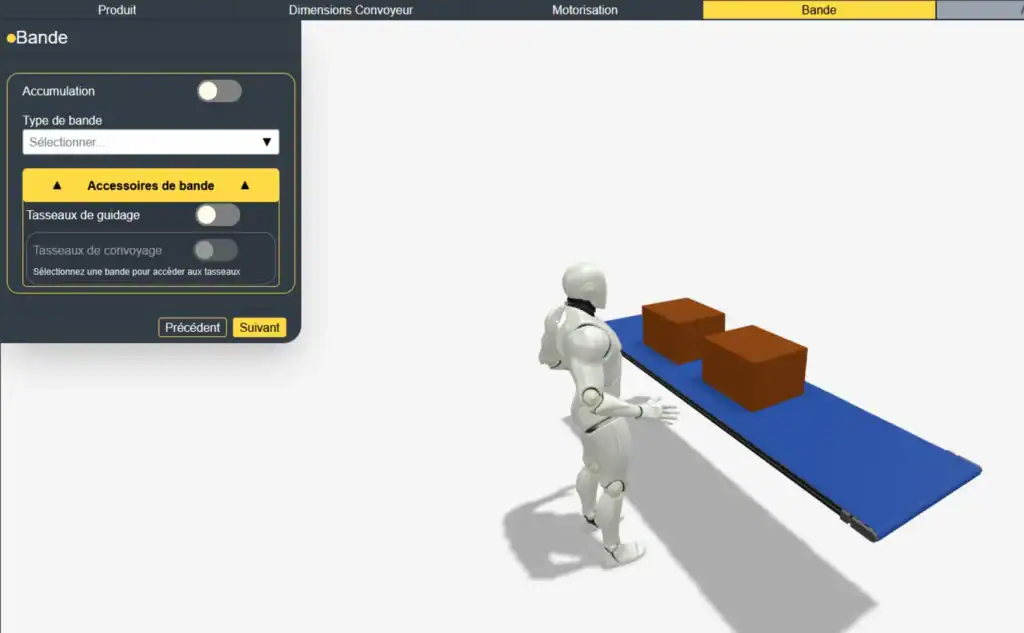 Étape 4 du configurateur : choix du matériau de bande PVC ou PU et configuration des tasseaux de guidage et convoyage