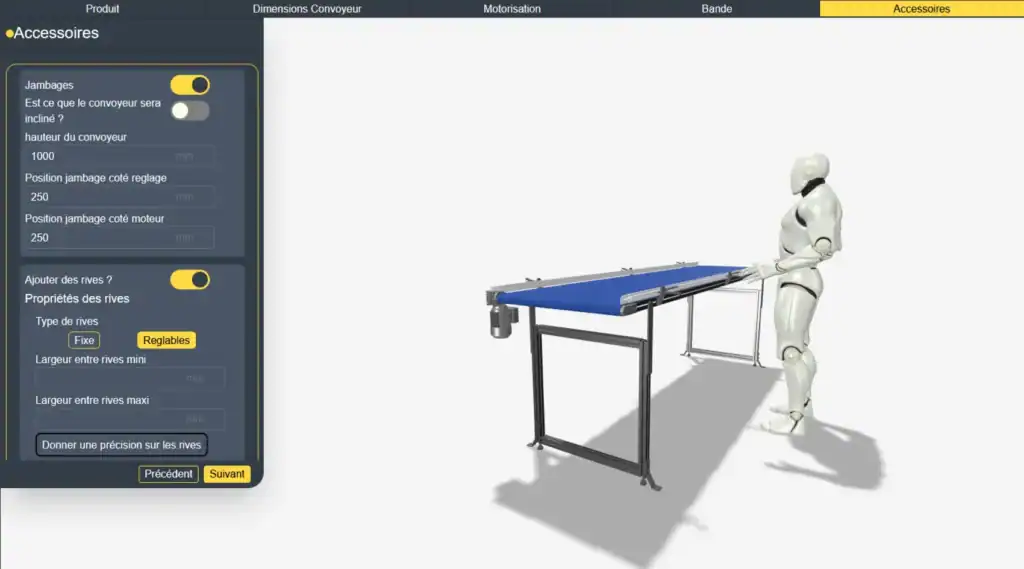 Étape 5 du configurateur : ajout des accessoires du convoyeur (jambages, rives latérales, embouts) avec vue 3D complète