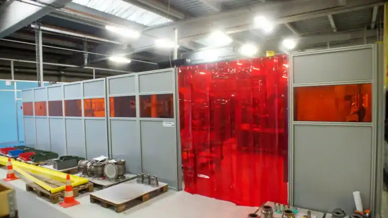 Cabine de protection soudure grise avec bandeau vitré rouge et lanière de protection rouge en entrée, dans un atelier industriel